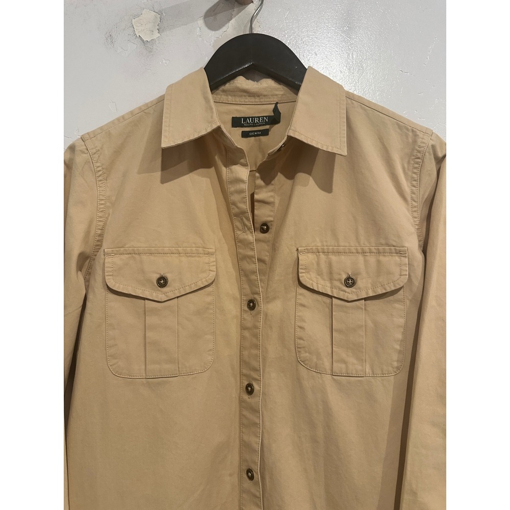 Ralph Lauren Khaki Cotton Utility Shirt Dress Size Medium Old Money Minimalst - Picture 4 of 13